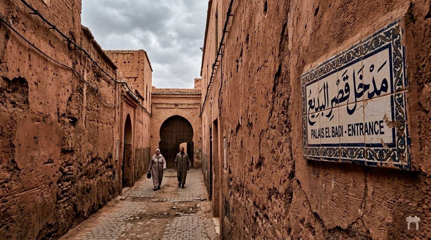 The long entrance corridor between two towering pisé walls