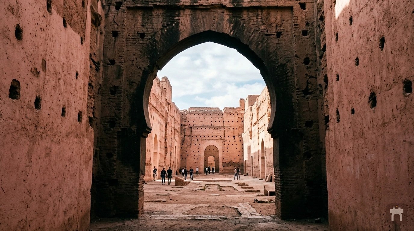Towering pisé rampart at El Badi Palace with rows of small arched niches and an arched doorway