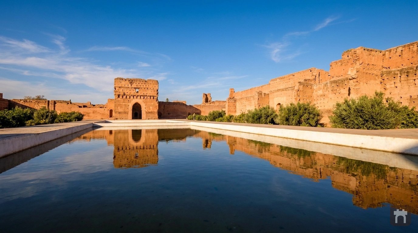 Wide paved walkway leading toward El Badi Palace with visitors walking through the Kasbah