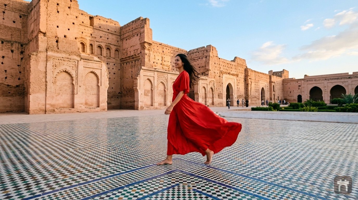 A visitor crossing the excavated courtyard at El Badi Palace