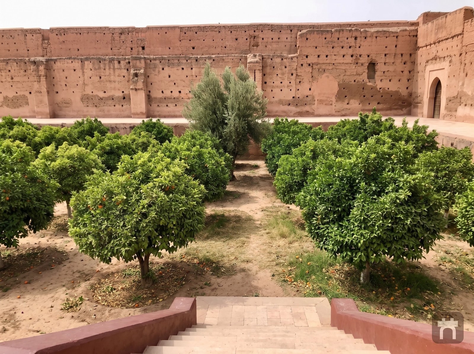 Orange trees and stone stairs leading down within the palace grounds