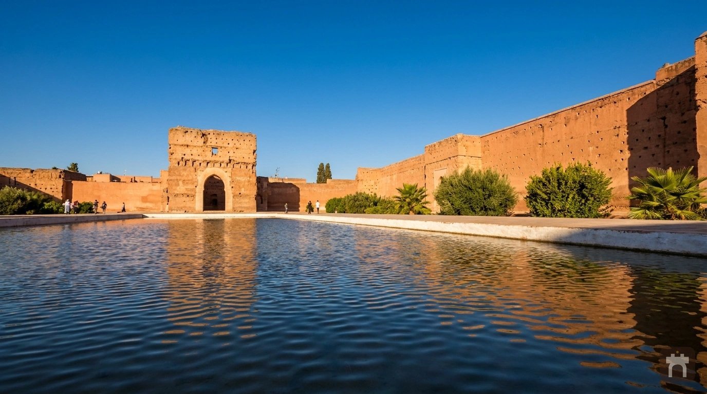 The great pool reflecting the pisé ramparts
