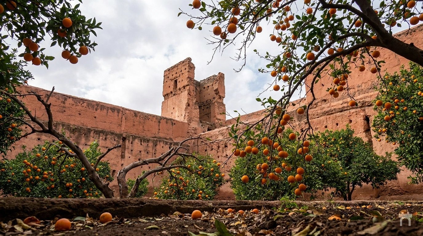 Orange garden trees growing along the base of the palace ramparts