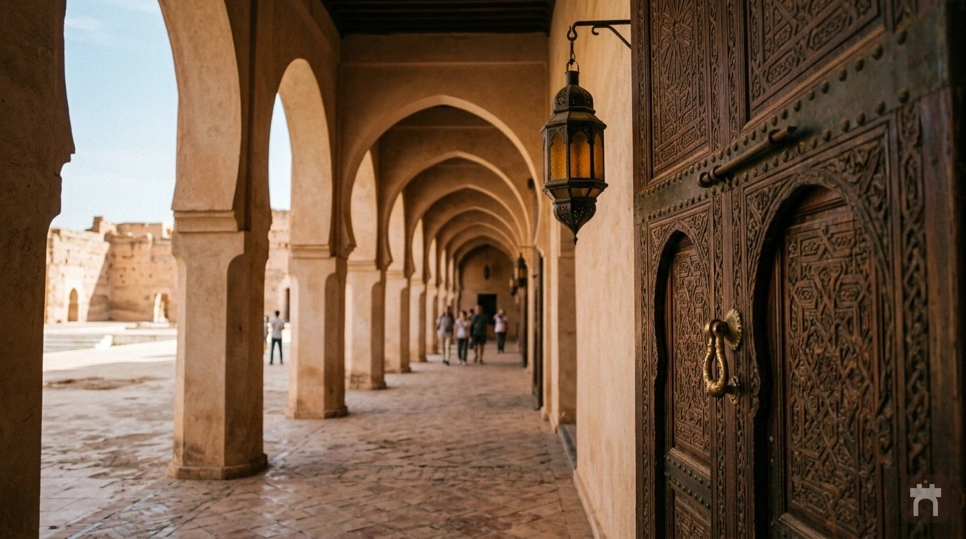 A carved wooden door along one of the palace's arched colonnades