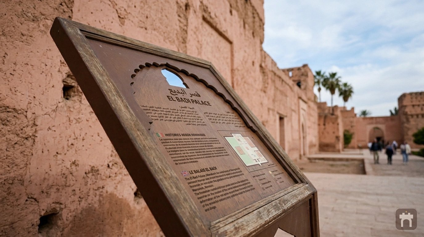 Trilingual information panel at El Badi Palace describing its history in French, English, and Arabic